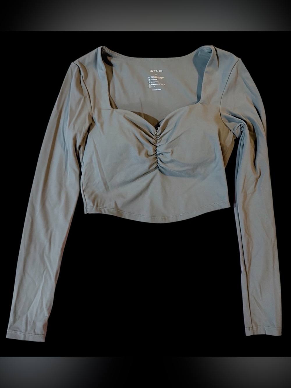 OSTAUG Womens S Sage Green Ruched Bust Long Sleeve Crop Top Square Neck